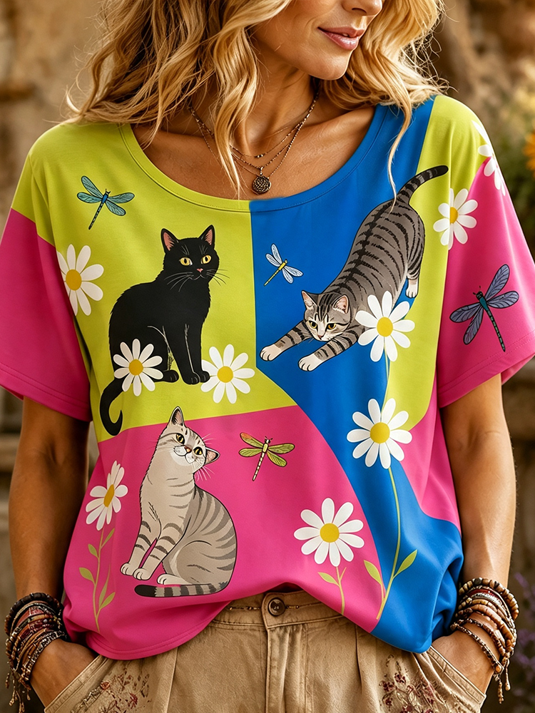Women's Colorblock Short-sleeve T-shirt With Cats, Daisies, And Dragonflies Print