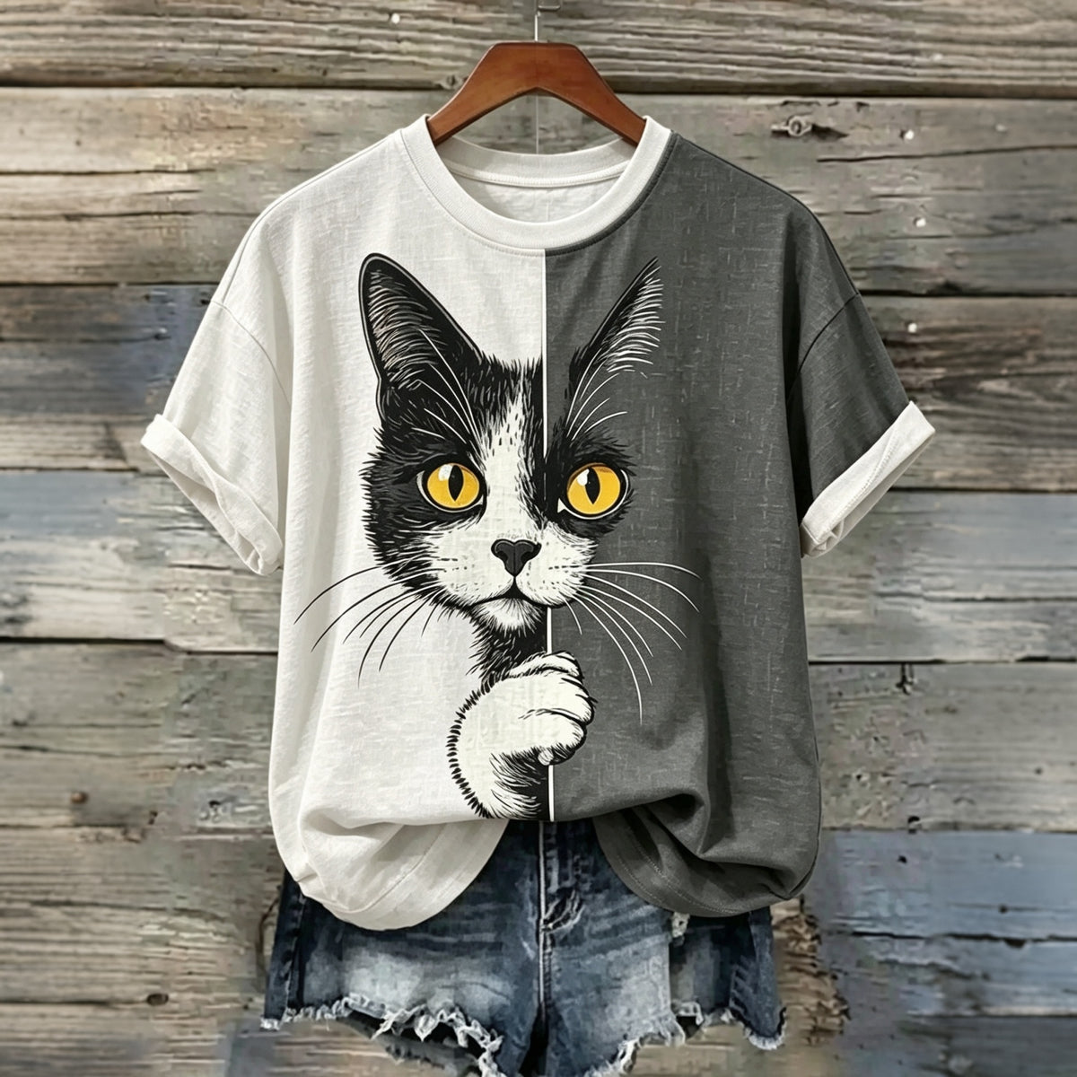 Abstract Creative The Peeping Cat Colorblock Graphic Casual T-shirt