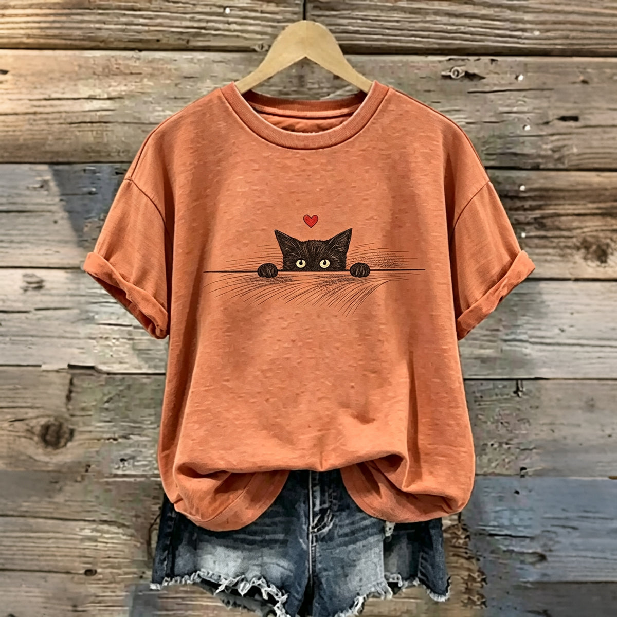Abstract Creative Peek‑a‑boo Black Cat Cute Heart Kitten Graphic Casual T-shirt