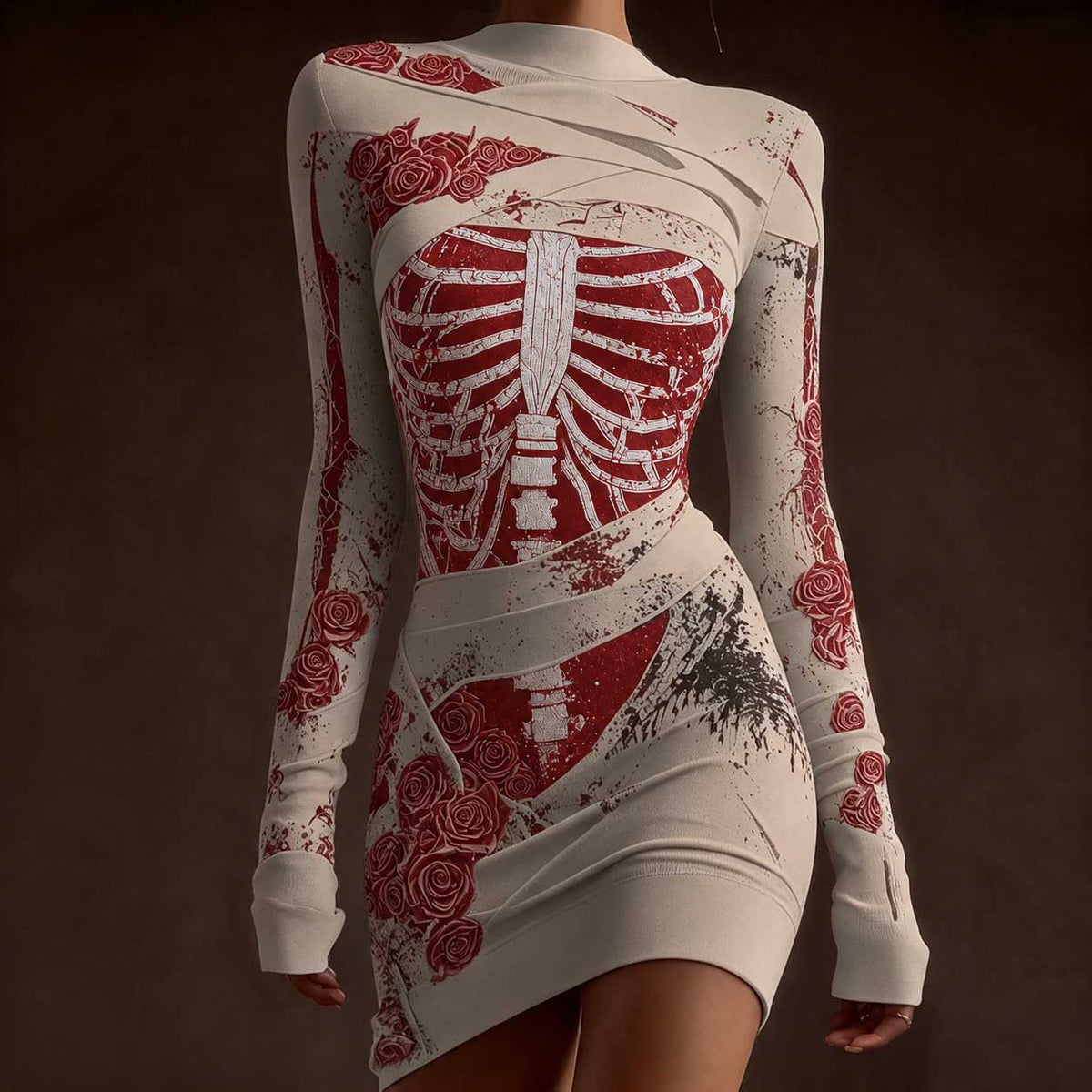 Classy Skeleton Anatomy Bloody Roses Bandages Knit Sweater Dress