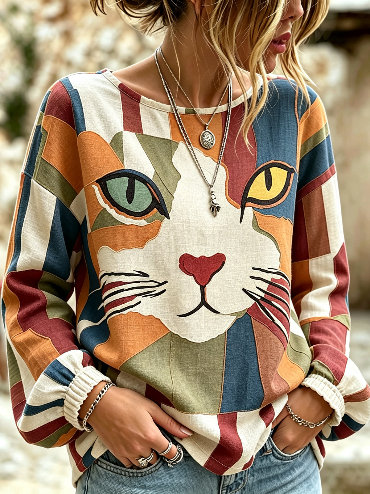 Women's Abstract Creative Cool Cat In Patchwork Art Linen Blend Round Neck Long Sleeve Tops