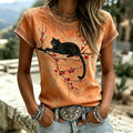 Damen T-Shirt mit japanischem Kirschblüten- und Katzenmuster, lässig, Kurzarm