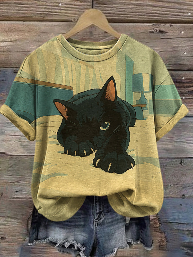 Damen Retro Abstrakt Geometrisches Katzenmuster Casual T-Shirt