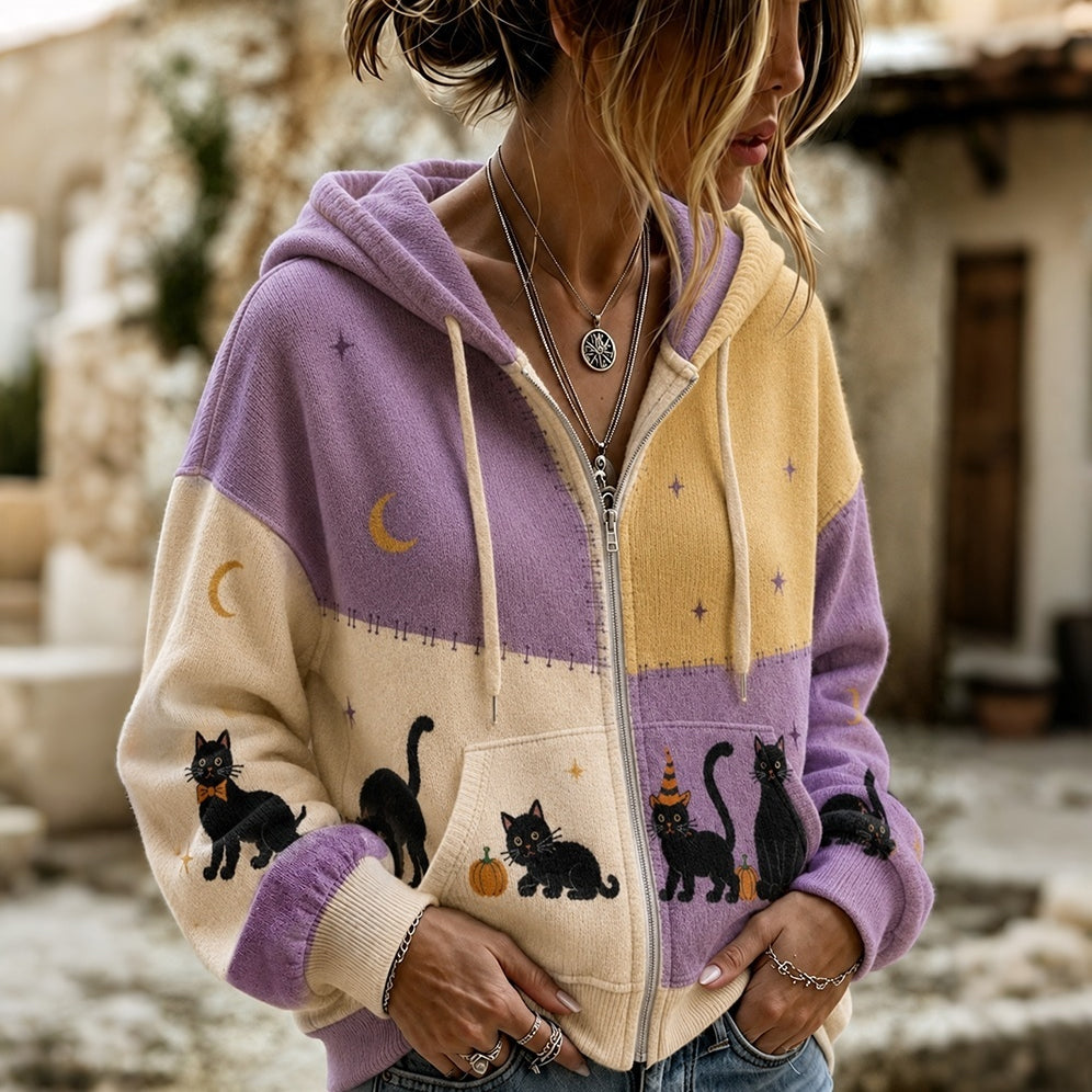 Women's Retro Halloween Pumpkin And Black Cat Color Block Hooded