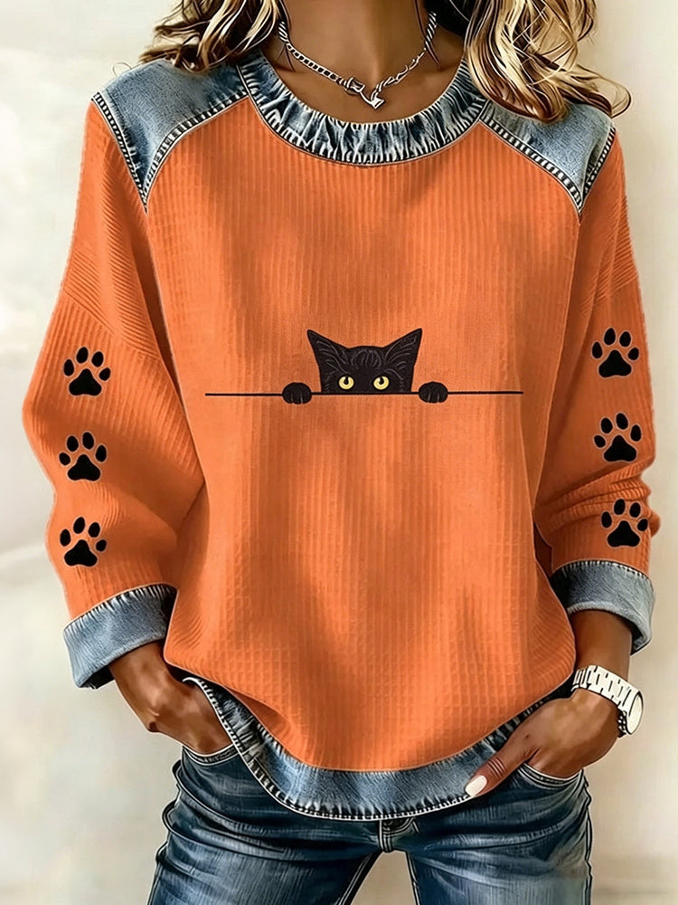 Abstract Creative Lovely Black Cat Paw Graphic Print Sweatshirt