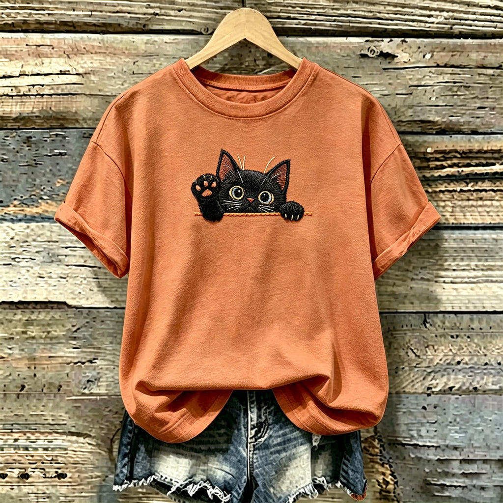 Damen T-Shirt mit niedlichem schwarzem Katzenmuster