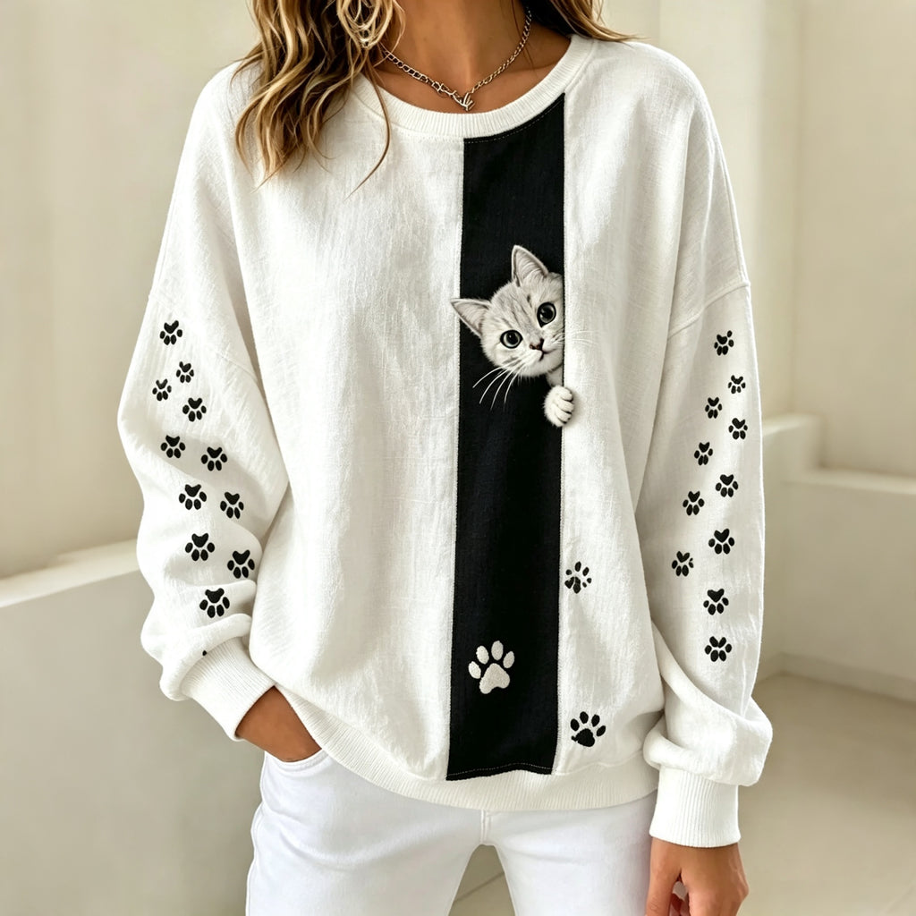 Damen Sweatshirt mit Katzenpfoten-Print, Rundhalsausschnitt und langen Ärmeln