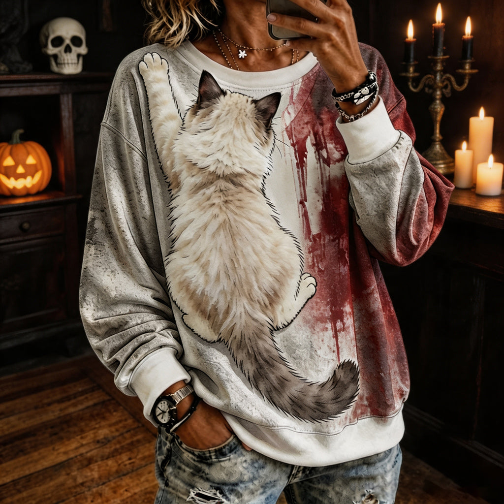 Women’s Realistic 3d Fluffy Back View Ragdoll Cat Clinging Cat In Bloody Print Crewneck Sweatshirt