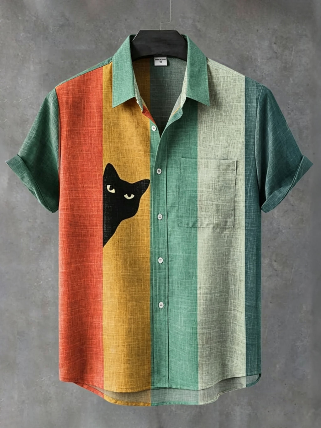 Herren Vintage Black Cat Kurzarm-Hemd mit Kontraststreifen und Kragen