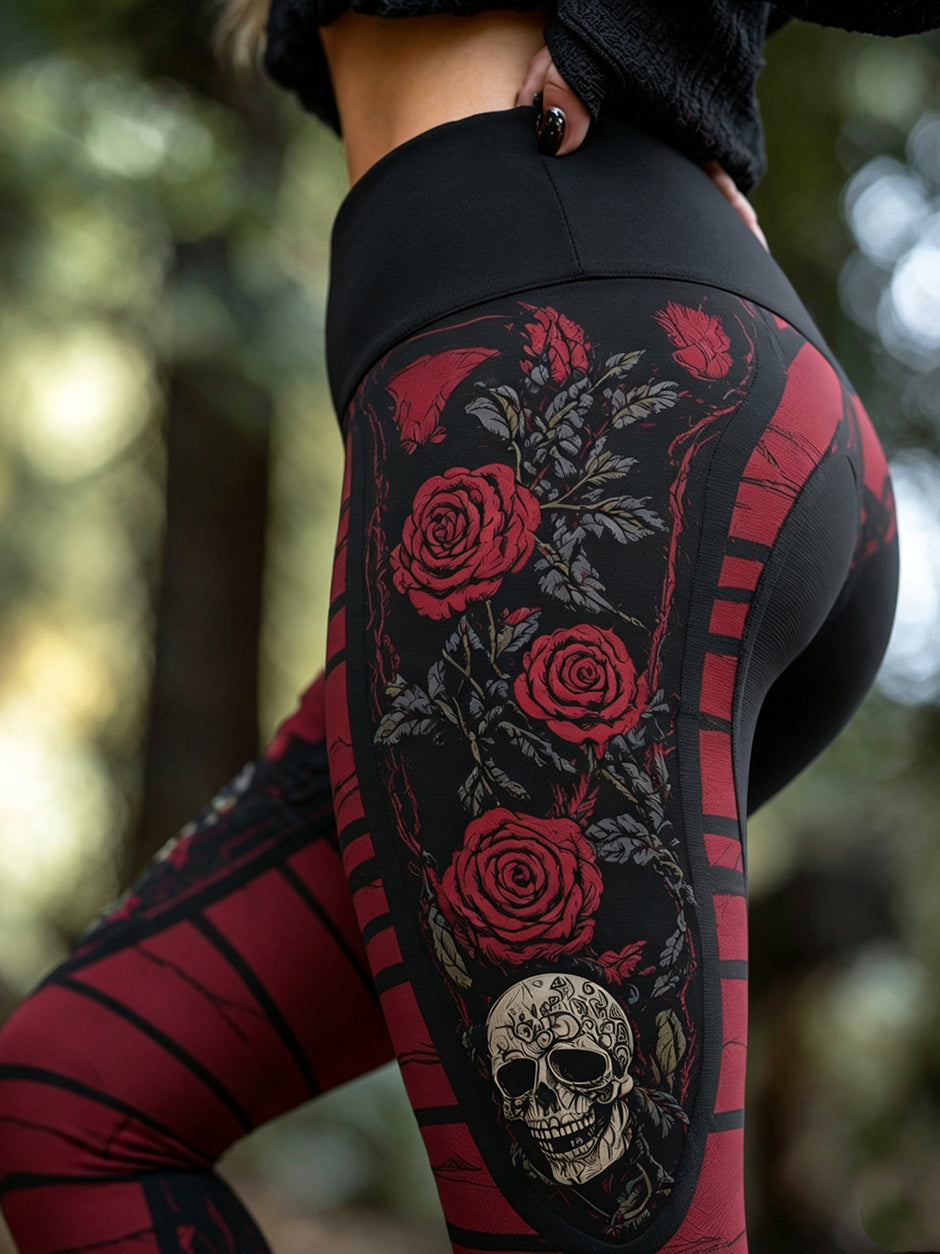 Women's Vintage Sugar Skull And Rose Pattern Comfortable Leggings