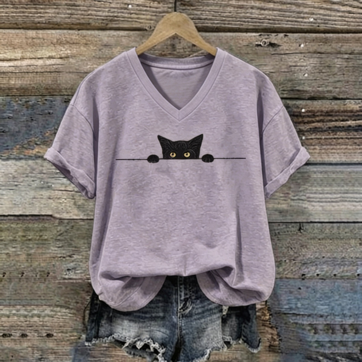 Abstract Creative Black Cat Graphic Casual V Neck T-shirt