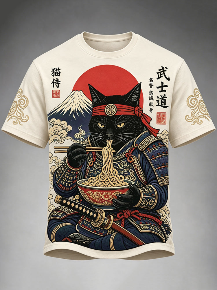 Herren Schwarze Katze Samurai isst Ramen bedrucktes Freizeit-T-Shirt