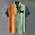 Herren Vintage Peeking Black Cat Kontraststreifen Kunst Freizeit Hemd