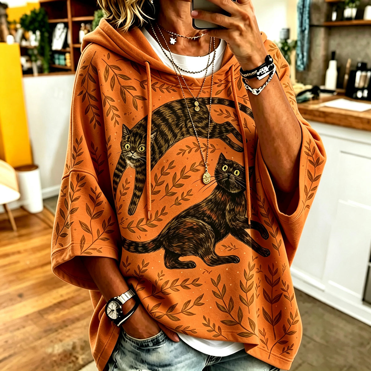 Women's Retro Cat And Leaf Print Casual Hooded Sweatshirt