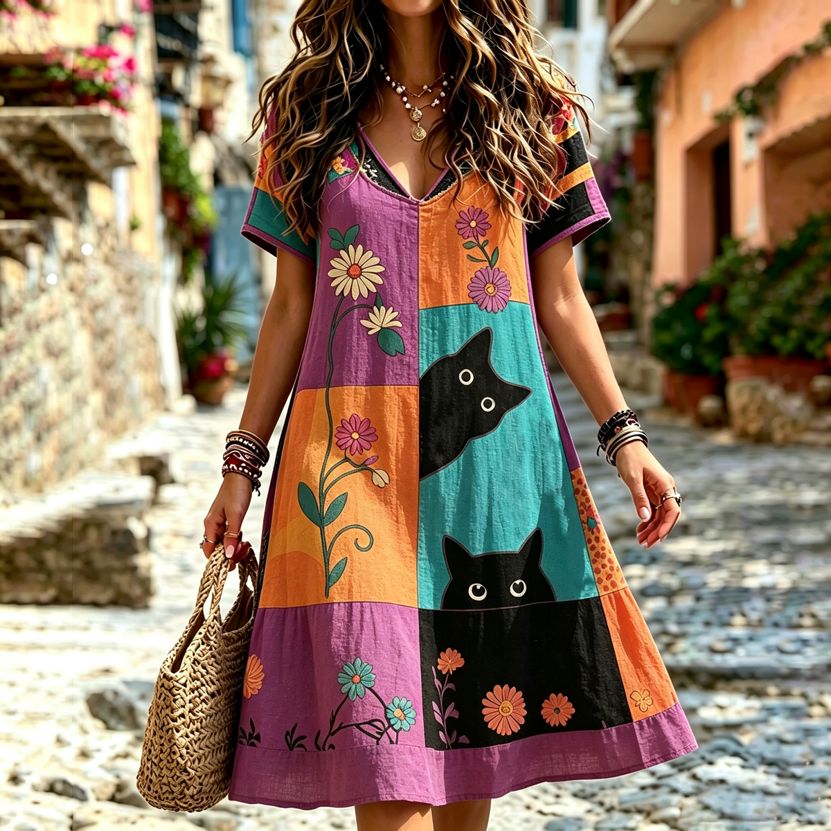 Women's Hippie Black Cat Art Print Linen Blend V Neck Mini Dress