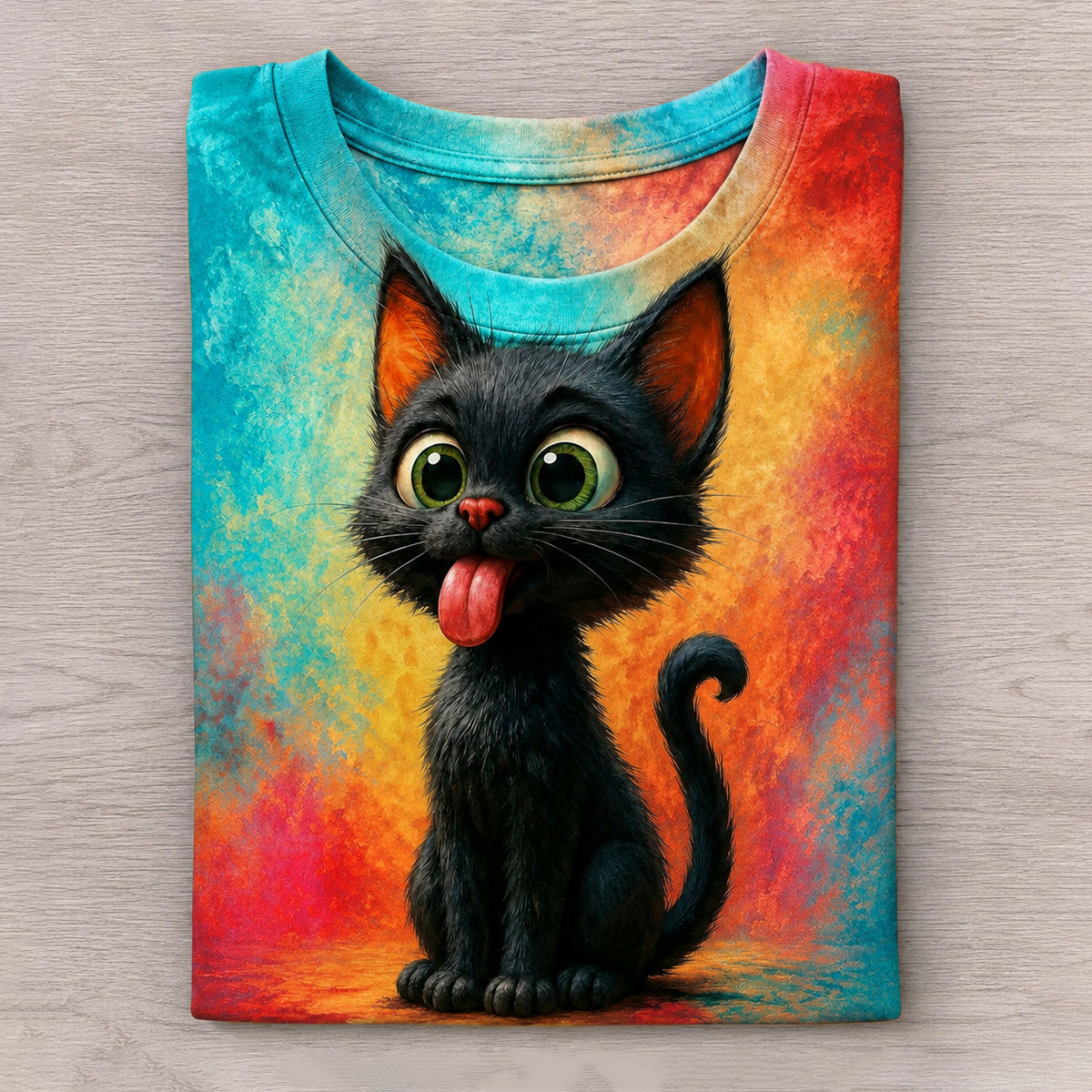 Cute Black Cat Sticking Out Tongue Pattern Print T-shirt