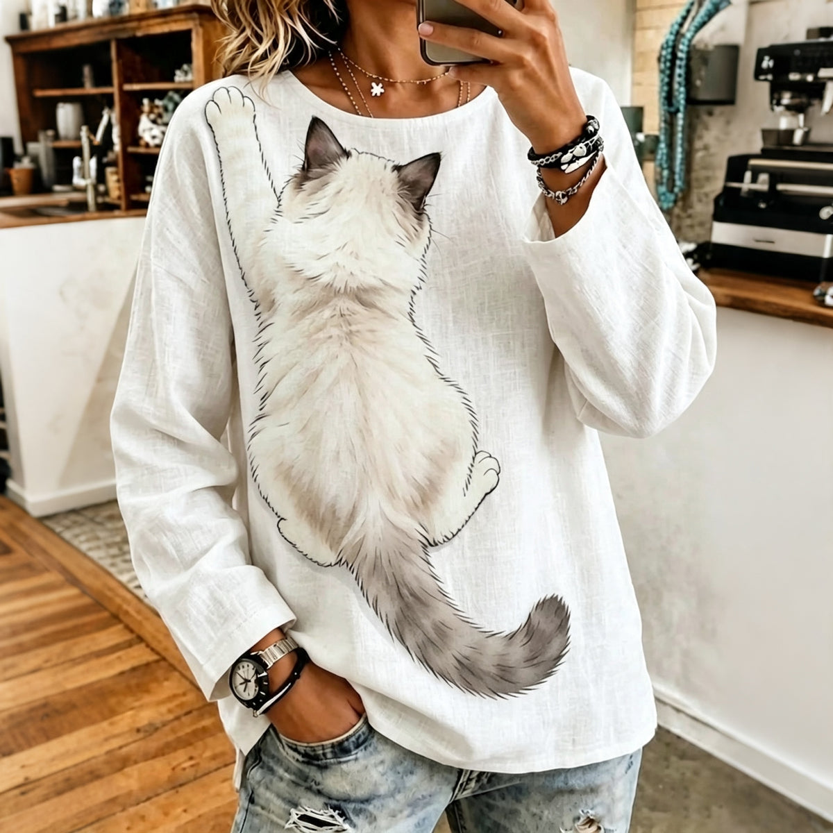 Abstract Creative Realistic 3d Fluffy Back View Ragdoll Cat Clinging Cat Graphic Art Print Linen Blend Round Neck Long Sleeve Tops