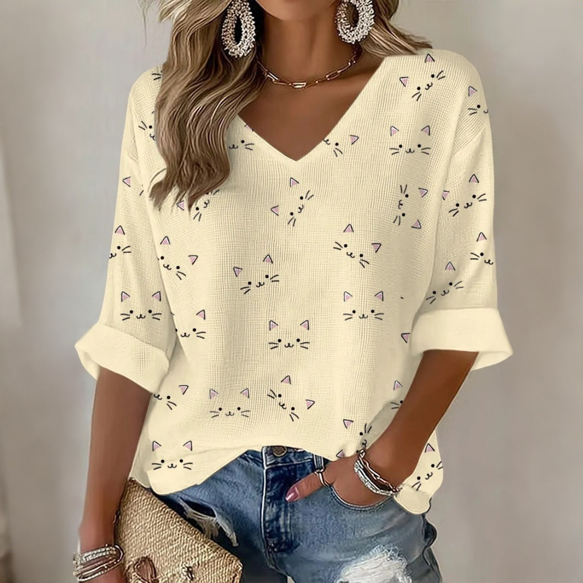 Women's Vintage Hippie Cute Cat Art Printed Art Flowy Linen Blend Three Quarter Sleeves T-shirt