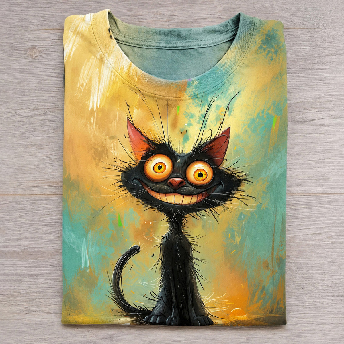 Fun Delirious Frizzy Black Cat Print Pattern T-shirt