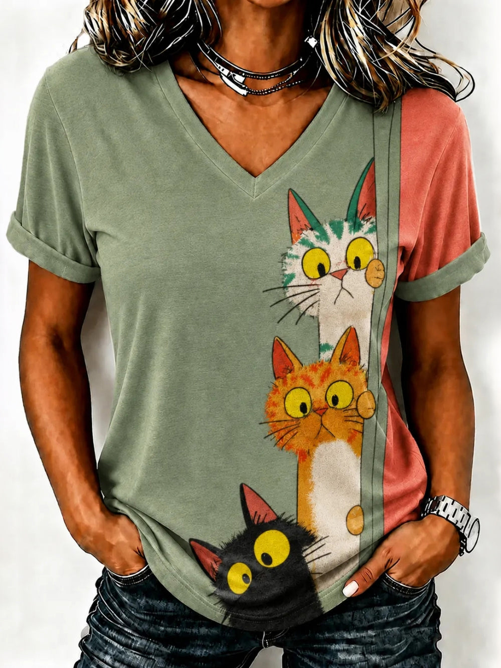 Damen Süßes T-Shirt mit Katzenmotiv