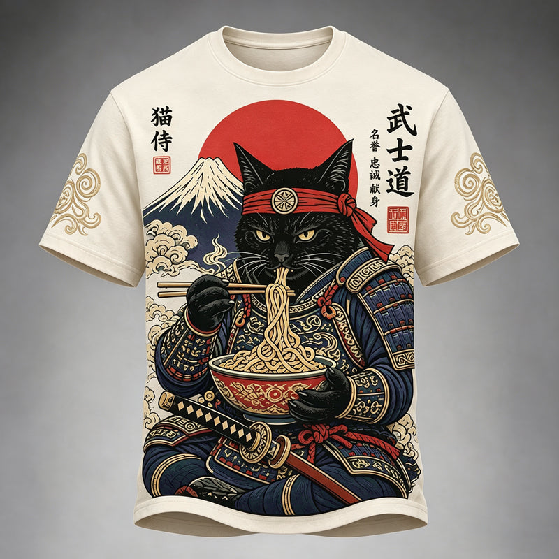 Herren Schwarze Katze Samurai isst Ramen bedrucktes Freizeit-T-Shirt