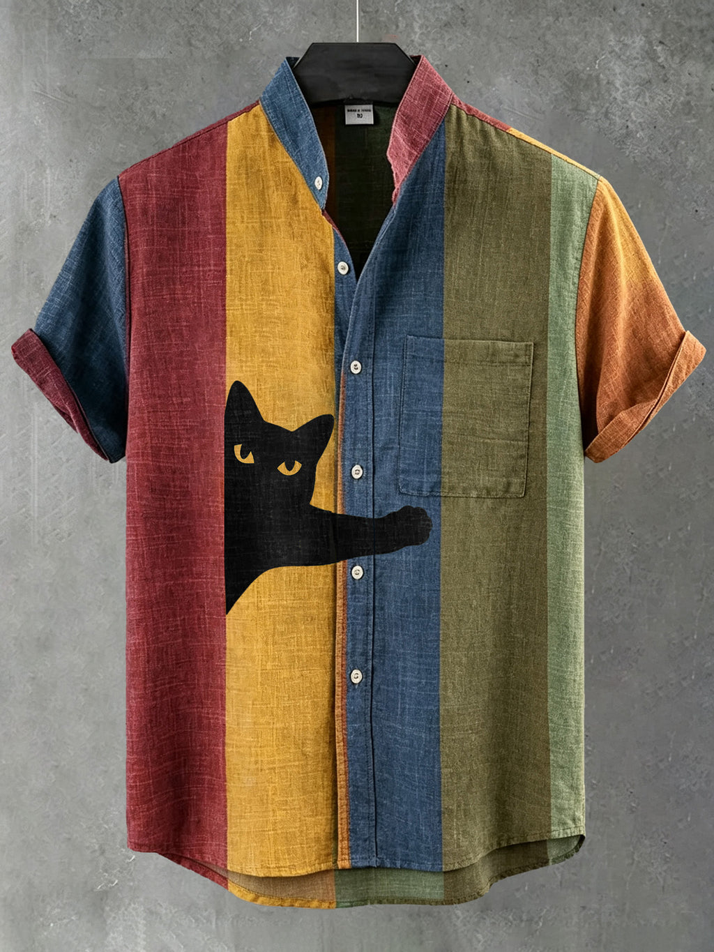 Herren Vintage kontrastreiches Streifen-Kunst-Freizeithemd mit intarsierter schwarzer Katze