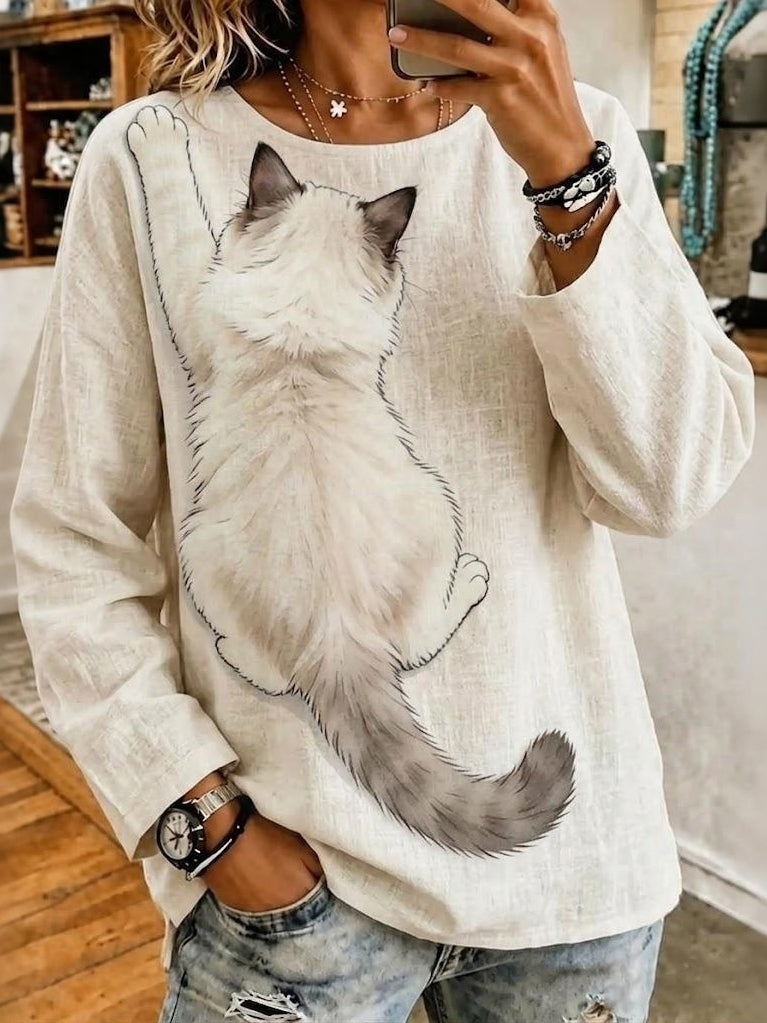 Abstract Creative Realistic 3d Fluffy Back View Ragdoll Cat Clinging Cat Graphic Art Print Linen Blend Round Neck Long Sleeve Tops