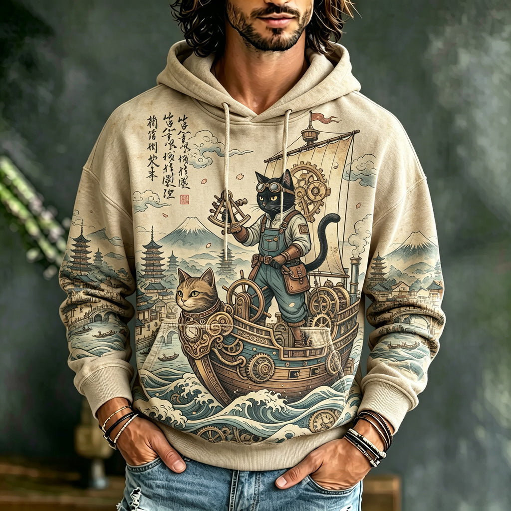 Herren Vintage Japanische Katze Kunst Print Freizeit Hoodie