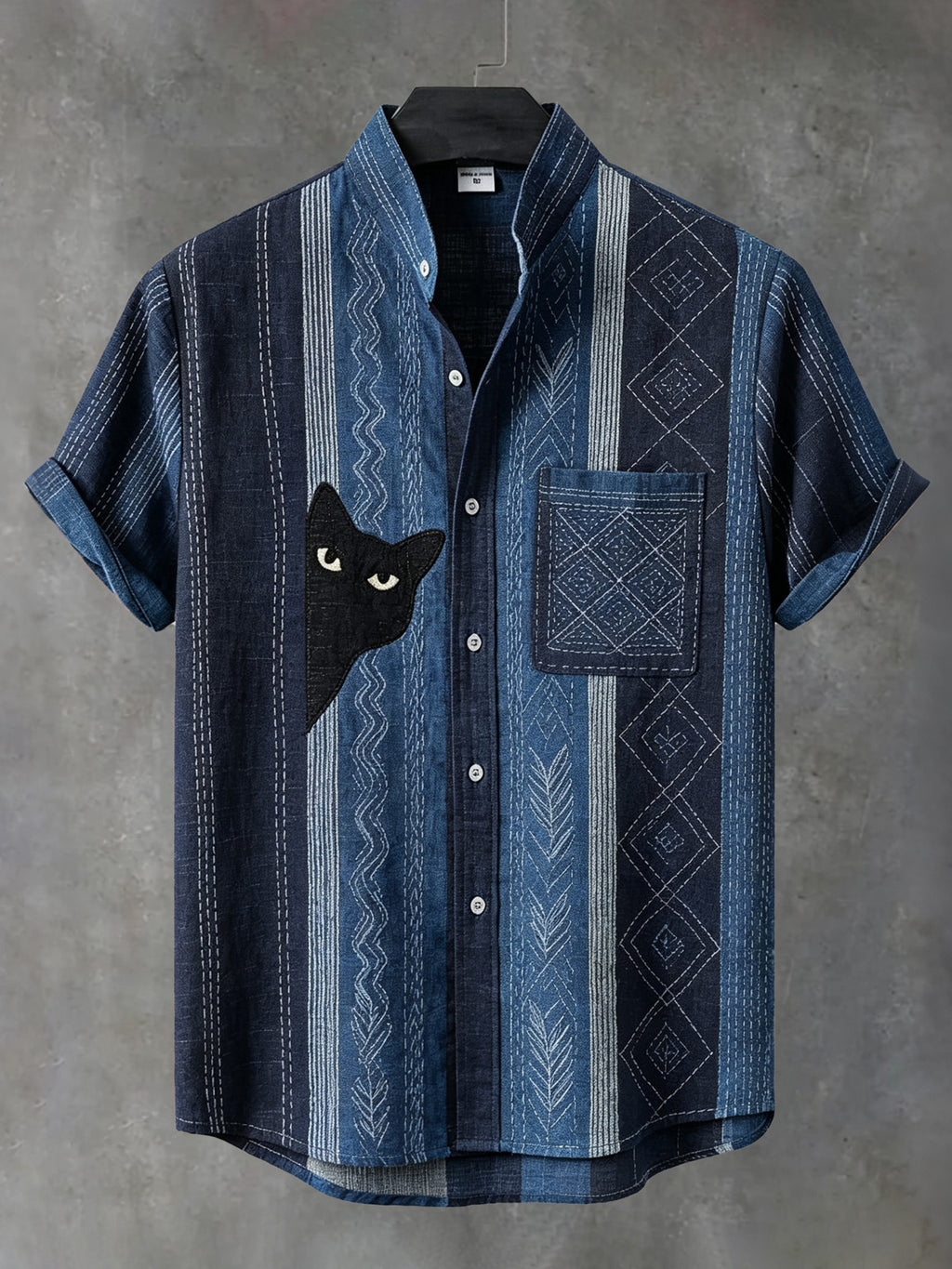 Herren Vintage Schwarze Katze mit Sashiko-Stickerei Kunst Kurzarmhemd