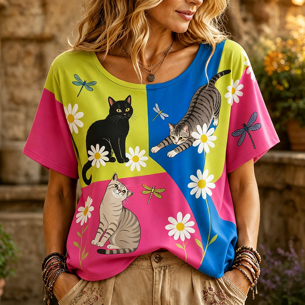 Women's Colorblock Short-sleeve T-shirt With Cats, Daisies, And Dragonflies Print