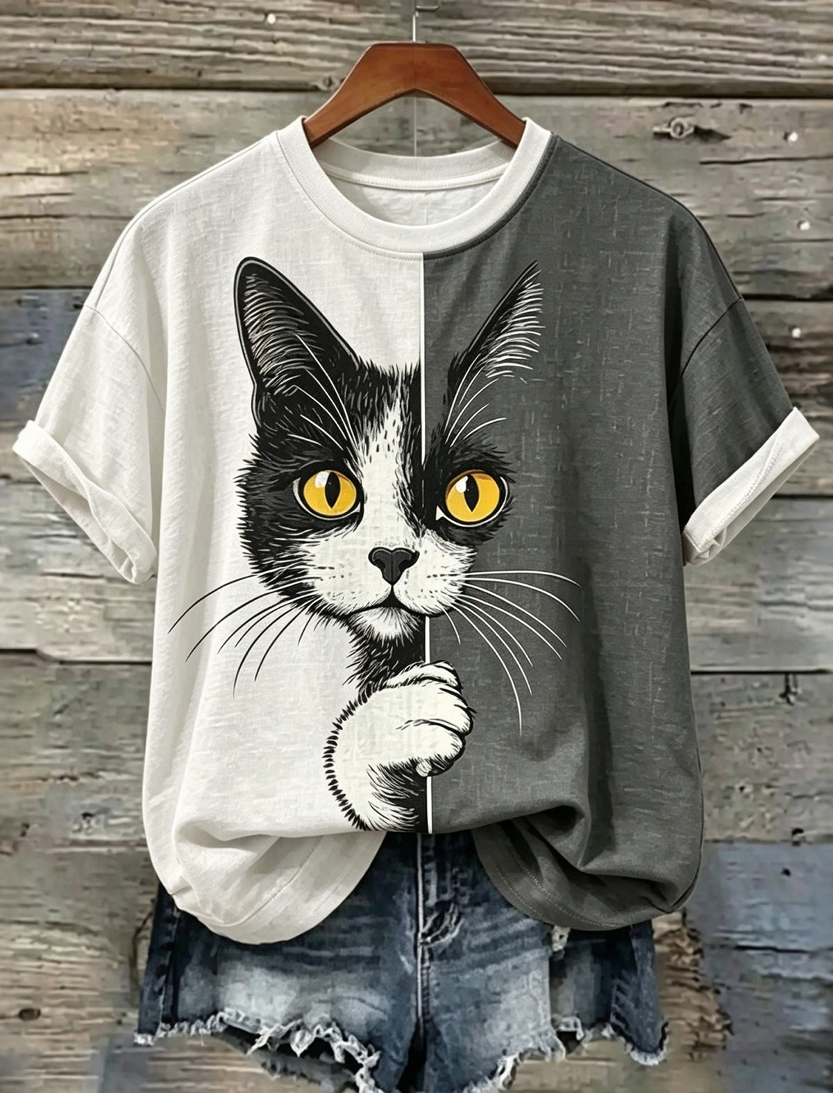 Abstract Creative The Peeping Cat Colorblock Graphic Casual T-shirt
