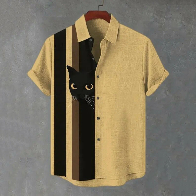 Herren Vintage Kurzarmhemd mit schwarzer Katze und Streifen Kunst-Print