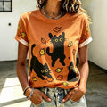 Damen Herbst Katze Kunstdruck Rundhals Kurzarm Freizeit T-Shirt
