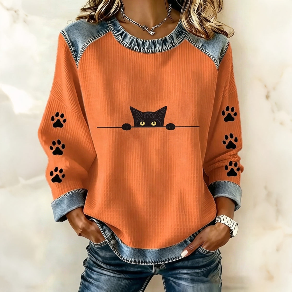 Abstract Creative Lovely Black Cat Paw Graphic Print Sweatshirt