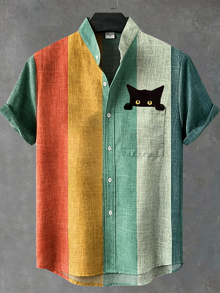 Herren Vintage Peeking Black Cat Kontraststreifen Kunst Freizeit Hemd