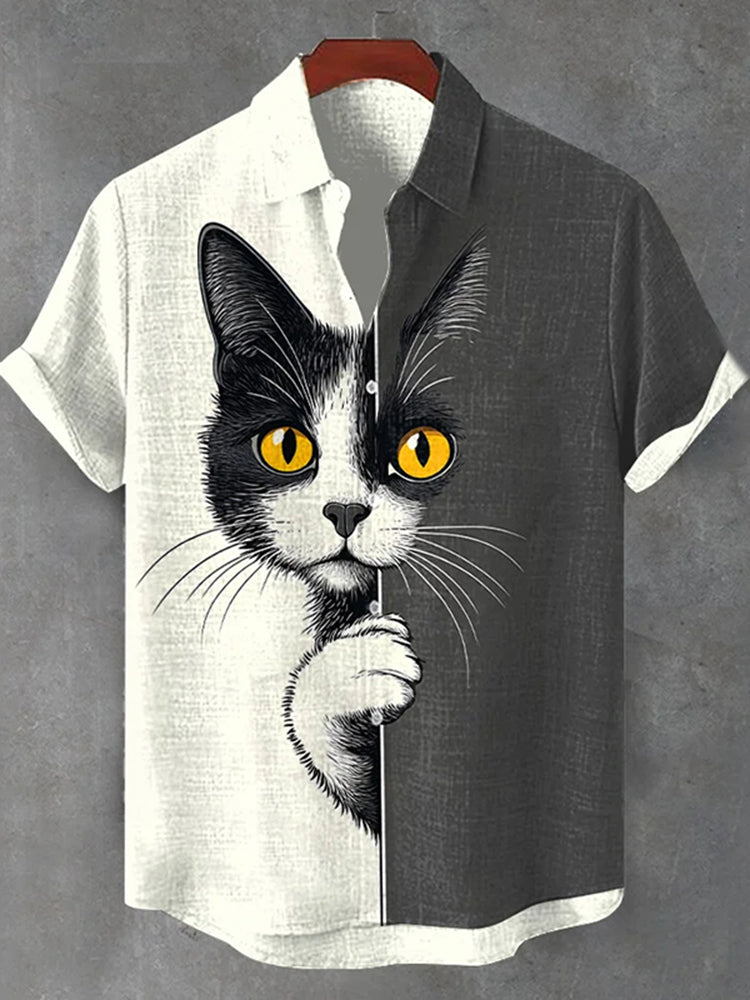 Herren The Peeping Cat Colorblock Art Freizeit-Kurzarmhemden