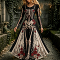Women's Halloween Gothic Skeleton & Floral Long-sleeve Maxi Dress