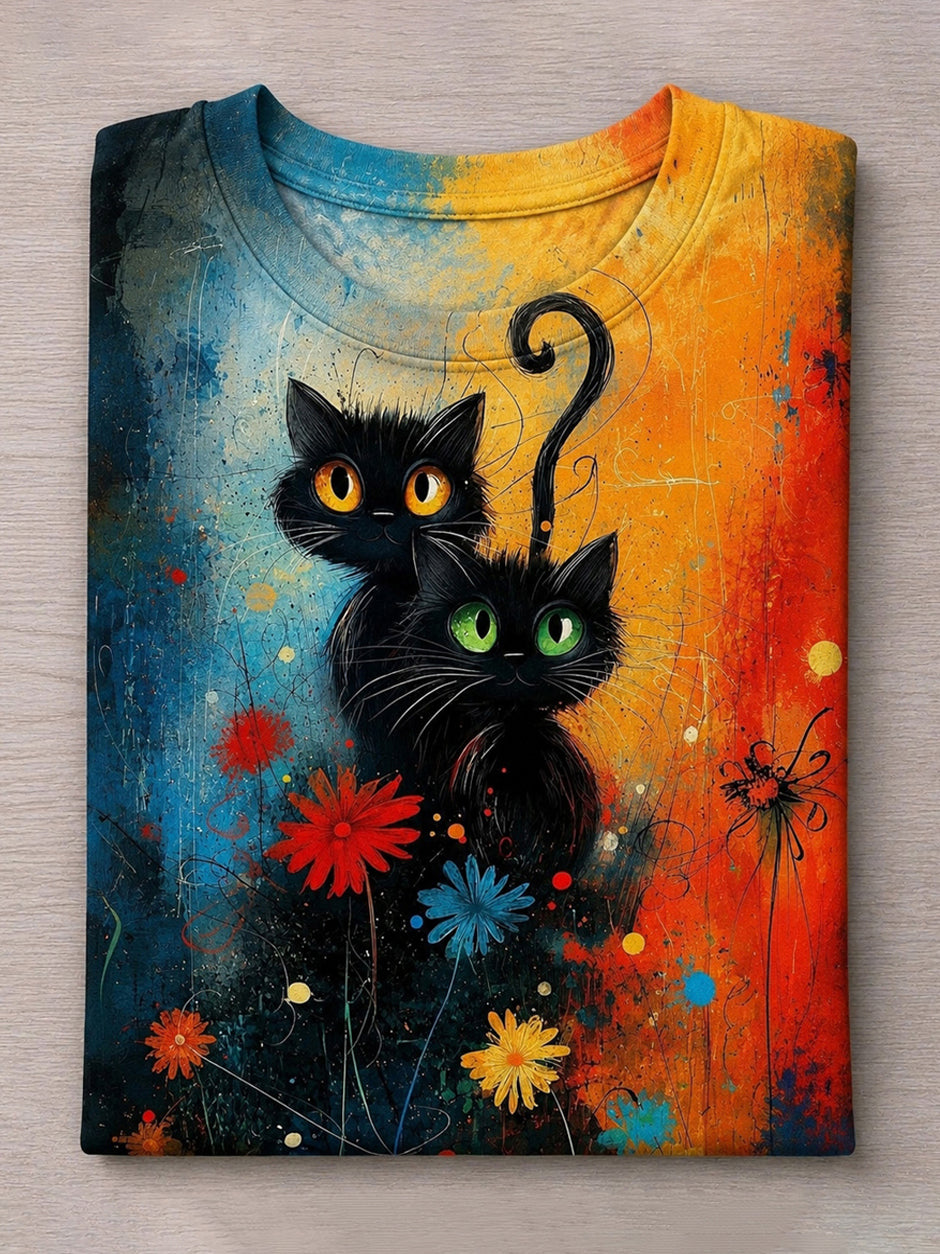 Cute Black Cat Among Flowers Contrasting Print T-shirt