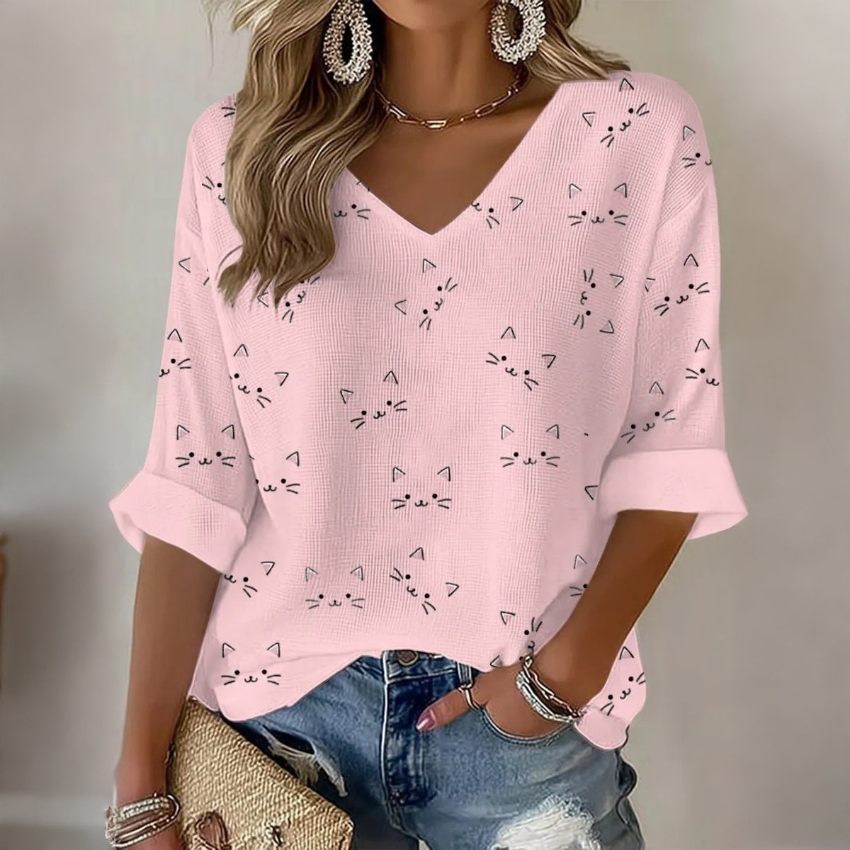 Women's Vintage Hippie Cute Cat Art Printed Art Flowy Linen Blend Three Quarter Sleeves T-shirt