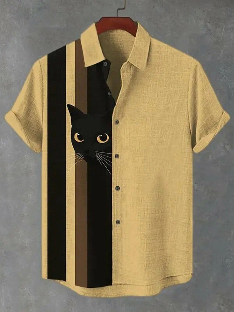 Herren Vintage Kurzarmhemd mit schwarzer Katze und Streifen Kunst-Print