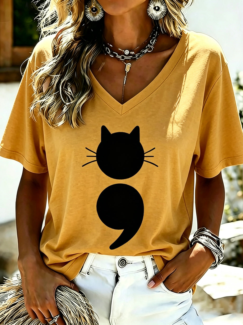Damen Survivor Katze Semikolon psychische Gesundheit Grafikdruck Kurzarm T-Shirt