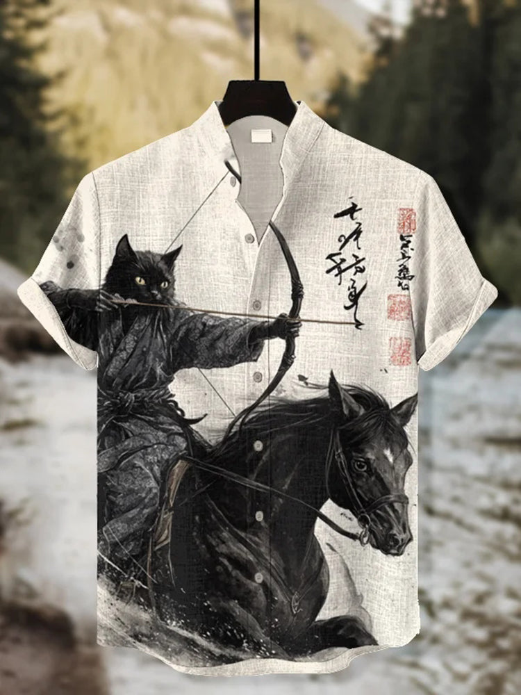 Herren Retro Kalligrafie Kriegspferd Schwarze Katze Showa Bogenschütze Print Kurzarmhemd