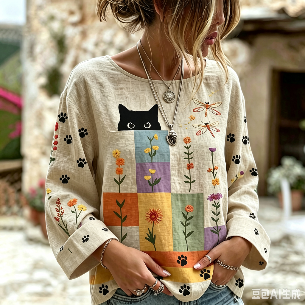 Women's Vintage Hippie Cute Cat In Patchwork Art Linen Blend Round Neck Long Sleeve Tshirt