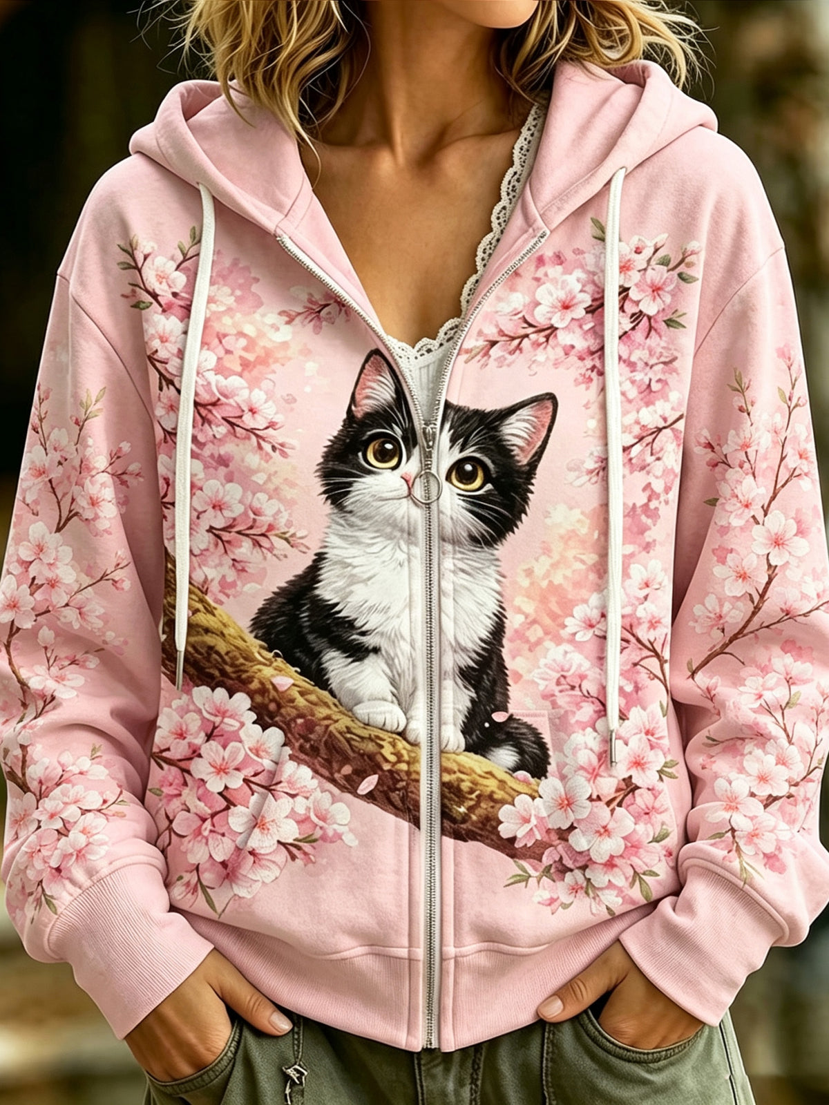Women's Retro Cherry Blossoms Cute Cat Print Casual Warm Zip-up Hoodie