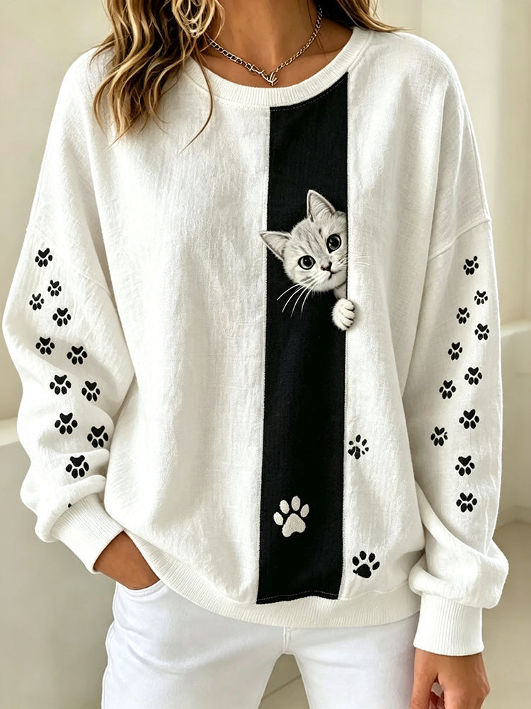 Damen Sweatshirt mit Katzenpfoten-Print, Rundhalsausschnitt und langen Ärmeln