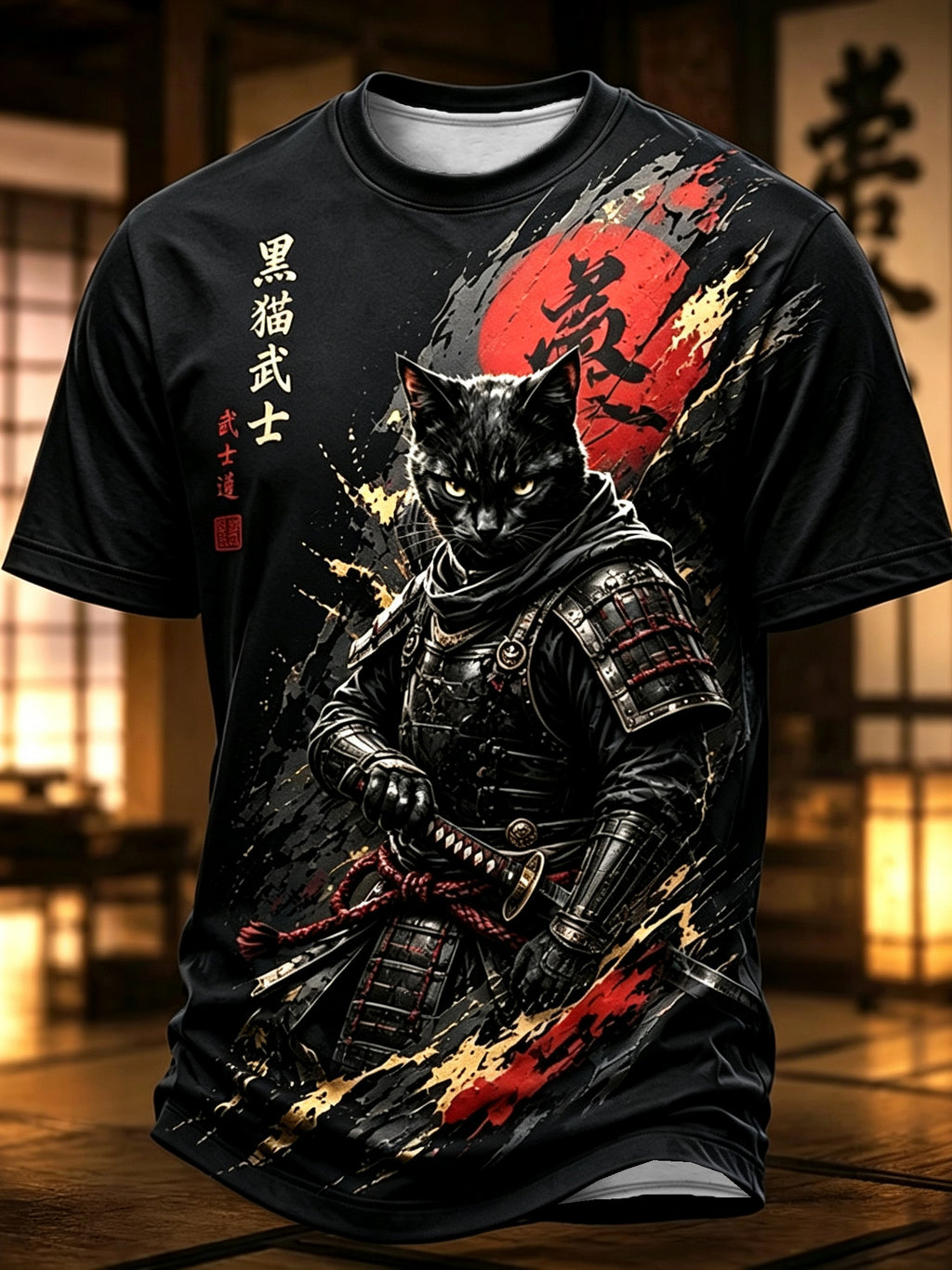 Herren T-Shirt mit Brave Black Cat Samurai Japanese Art Print