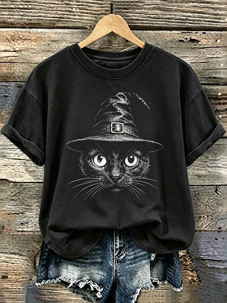 Women's Retro Halloween Witch Hat Black Cat Print T-shirt
