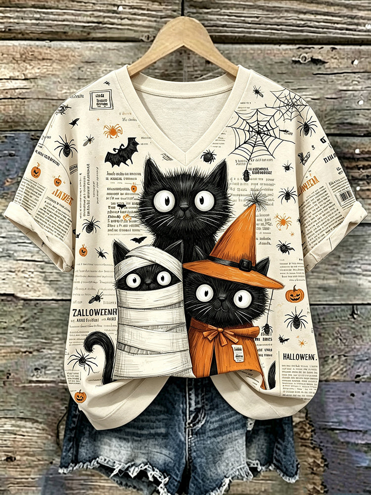 Women's Halloween Black Cat Print V-neck T-shirt