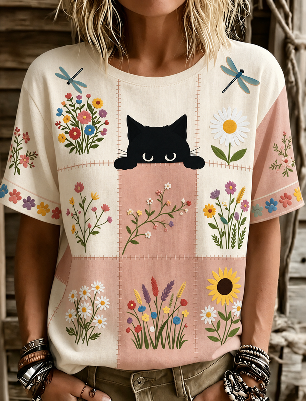 Women's Hippie Cute Cat In Patchwork Art Print Linen Blend Round Neck Tshirt