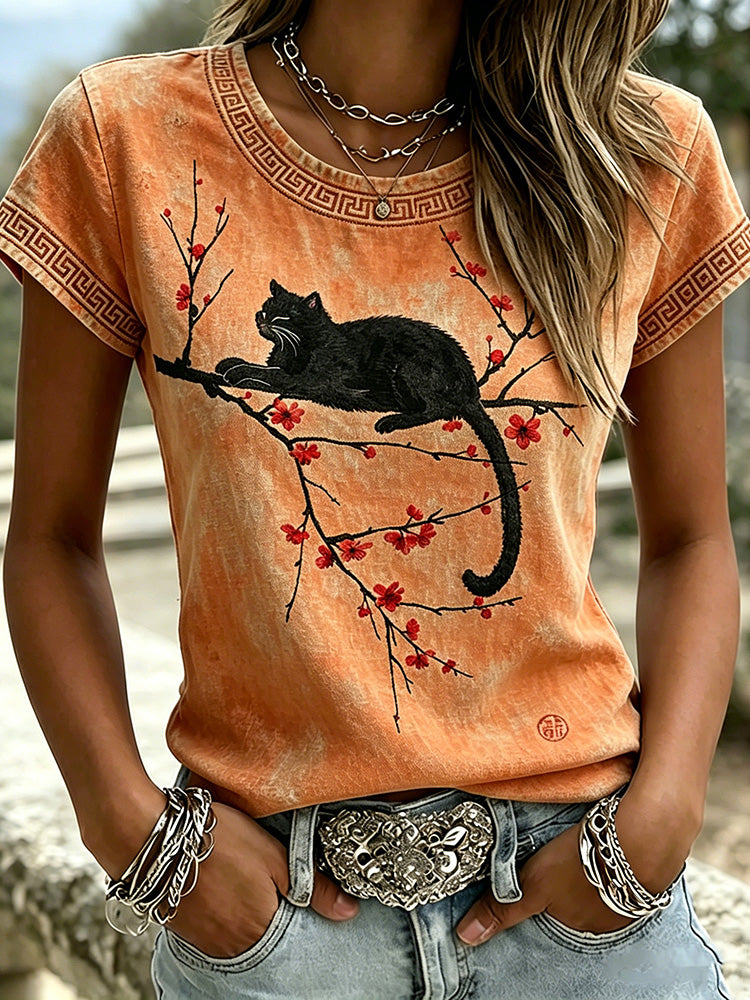 Damen T-Shirt mit japanischem Kirschblüten- und Katzenmuster, lässig, Kurzarm